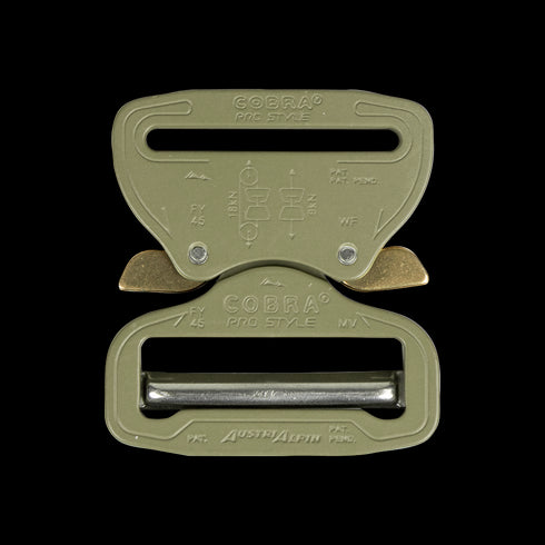 The Cobra Buckle - Pro Style by Austrialpin is an olive green metal buckle with engraved branding, a secure quick-release locking mechanism, and gold release clips—perfect for military or law enforcement use.